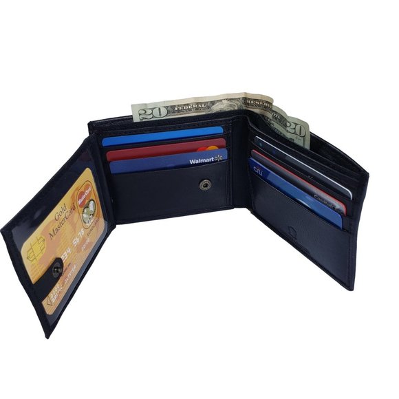 Genuine Leather Traveler Bifold Wallet Button Close - Picture 1 of 8